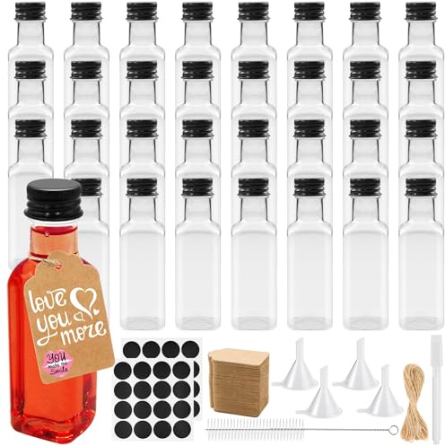 Mispudin 32 Mini Botellas Licor Plastico Reutilizable, 50ml Botellitas Pequeñas para Rellenar Cuadradas, Botellas Pequeñas de Alcohol Vacias para Bodas y Fiestas - con Embudo y Etiquetas
