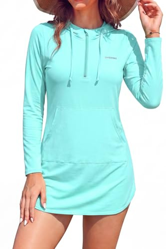 SHEKINI Maillot de Bain Manches Longues Femme Sweat à Capuche de Protection Solaire T-Shirt Rash Guard Haut de Surf Sportif（S,Vert
