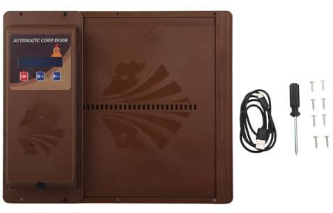 Ghzste Automatic Chicken Coop Door, USB Horizontal Opening Automatic Chicken Coop Door Opener with Timer, LCD Screen Electric Auto Chicken Coop Door, LED Display Screen (Brown)
