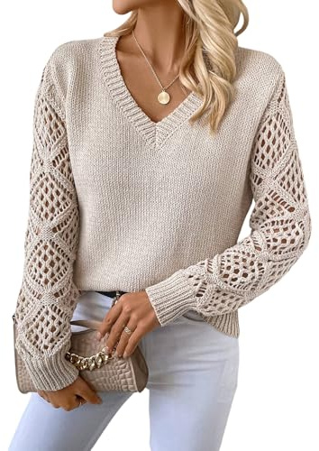 GORGLITTER Jersey elegante para mujer, cuello de pico, jersey de punto de otoño, manga larga, informal, jersey básico de ganchillo, beige, XL