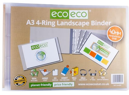 eco-eco A3 95% Recycled 4-D Landscape Clear Presentation Ring Binder File Folder, 40mm Spine, Artwork Portfolio, eco203