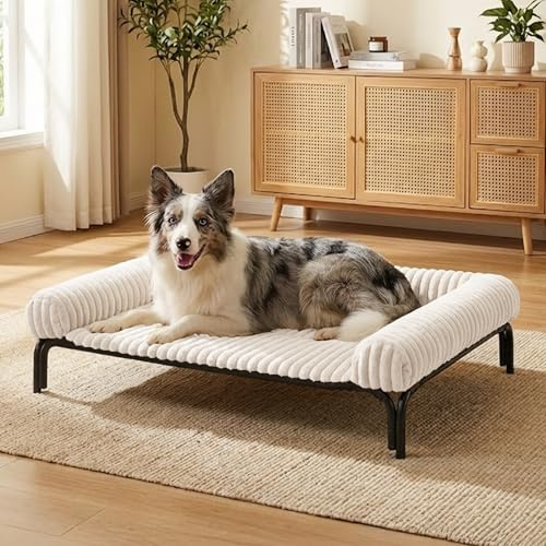 Elevated Dog Bed with Removable Fluffy Pillow Cushion, Raised Pet Cot Washable Bolster, Dog Couch Sofa, Anti Slip Feet, Breathable Mesh, Cream, 43×32