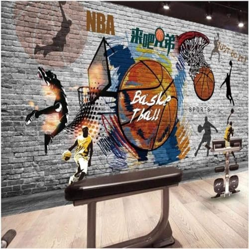 XLMING Retro Pintado A Mano Baloncesto Deporte Gimnasio Pared De Ladrillos 3D Papel Pintado Tapiz Textura de Seda Oficina Comedor Sofá Dormitorio Sala Estar TV Fondo Pantalla-150cm×105cm