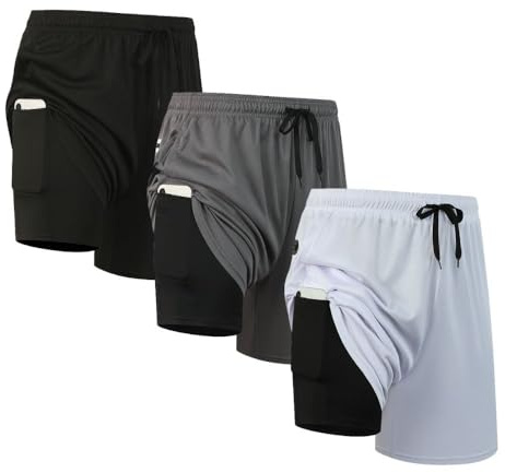 fovdtaa Lot de 3 shorts de sport 2 en 1 pour homme - Séchage rapide - Gym - Course à pied - Vêtements de sport avec poches, Noir, gris, blanc, S