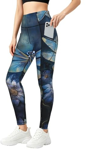 ZXERTG konst blå trollslända tryck mode leggings för kvinnor, kompression gymkläder, för fitness och vardagskläder, Svart, 3XL