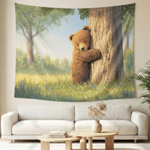 Générique Naturtapet, botaniskt djur hängande väggtapet för sovrum vardagsrum sovsal konst heminredning 150 x 200 cm, brun björn träd äng
