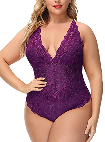 Aranmei Women Plus Size Sexig spets Bodysuit Deep V Teddy One Piece Spets Babydoll Clubwear