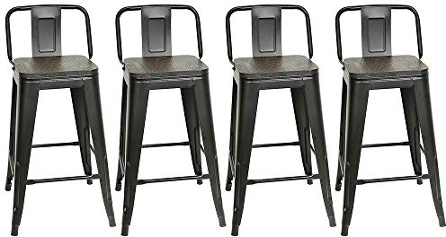 Pack 4 Taburetes de Bar Industrial Estilo, Taburetes Altos de 63,5 cm de Metal y Madera, Taburetes Altos de Cocina Apilable para Exterior Interior, Máx. 150 kg (Altura: 63,5cm, Negro)