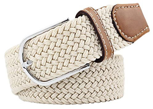 JK Home 3.3cm Wide 125cm Braided Stretch Belt, Elastic Woven Waist Belts with PU Leather Buckle, Casual Men Women Canvas Belt