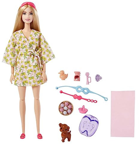 Barbie-Puppe, Kinderspielzeug, Blonde Puppe mit Hündchen, Sets, Wellnesstag, Bademantel mit Zitronen-Aufdruck, Stirnband und Augenmaske, Selbstfürsorge-Serie, HKT90