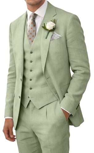 Retro Men Suits Linen Light Sage Green 3 Pieces Suit for Mens Summer Thin Homecoming Tuxedo Blazer Vest Pants Prom Dress Outfit lg-4438