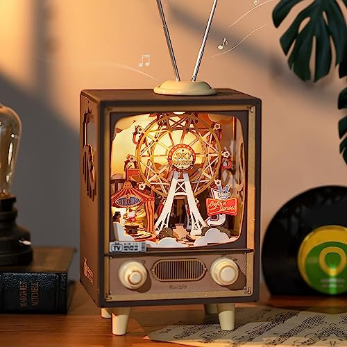 Rolife 3D Puzzles Wooden Music Box Sunset Carnival Miniature Scene Retro Television Model Kits for Adults to Build LED Night Lights Plug in 174pcs (AMT01)