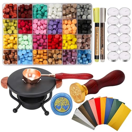 748 PCS Wax Seal Stamp Kit, WEWINK PLUS 720 PCS Wax Sealing Beads Set with Stamp, Warmer and Spoon, 12PCS Tea Candles, 10PCS Envelopes, 2PCS Pen for Invitations, Crafts, DIY, Letter, Gifts, Decor