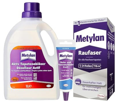 Metylan Raufaser, Tapetenkleister für Raufasertapete (1x720g) & Metylan Naht- und Reparaturkleber (1x60g) & Metylan Tapetenablöser Aktiv-Konzentrat, löst problemlos (1x 1l)