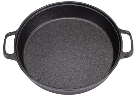 Warmiehomy Cast Iron Griddle Pan,35cm Pre-Seasoned Non-Stick Grill Pan,Round BBQ Skillet with 2 Handles for Gas Induction Hob,Flat Surface