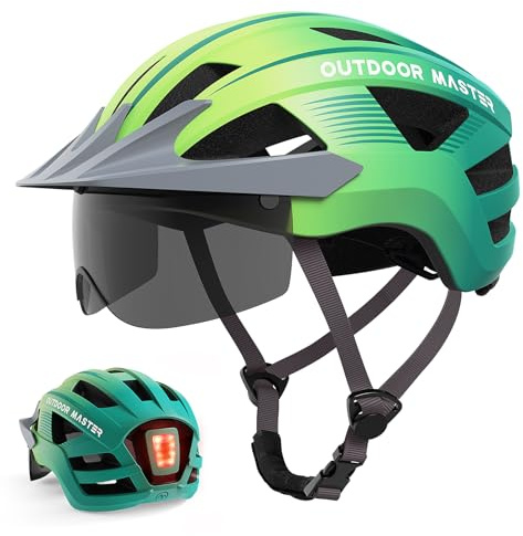 OutdoorMaster Helmets for Adults - Mountain & Road Bike Helmet with Rechargeable LED Light, Detachable Goggles and Sun Visor - Easy to Adjust, Breathable, Lightweight - Gradient Yellow Green, Medium