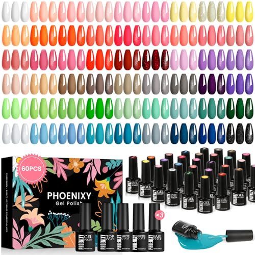 Phoenixy Pintauñas Semipermanentes, 60 PCS Rosa Azul Blanco Naranja Esmaltes Semipermanentes para Uñas con Capa Base Superior Mate Glitter, Regalo de Arte de Uñas DIY para Mujeres en Casa