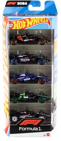 Hot Wheels Formula 1 Pack de cinco coches de carreras, vehículos de juguete coleccionables metálicos a escala 1:64 con decoraciones de equipos de F1, JGF58