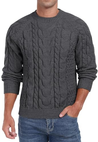 QIXING Men's Cable Knit Jumper Crew Neck Sweater Soft Casual Long Sleeve Textured Knitwear Tops for Men UK (Dark Gray, XL)
