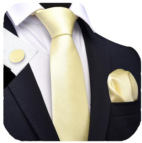 Gusleson Light Yellow Ties For Men Solid Wedding Neckties and Pocket Square Cufflinks Sets (UK0789-43)