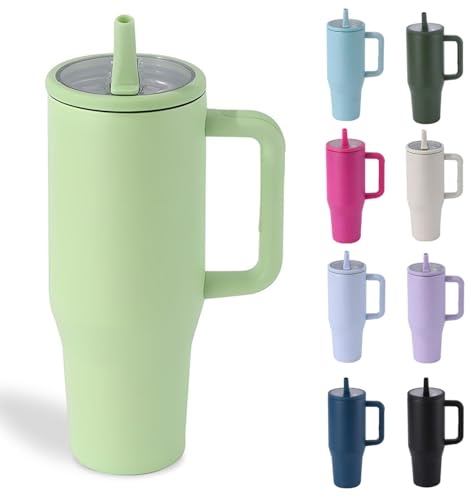 Moollyfox 1 200 ml/40 oz isolerad mugg läckagesäker rostfritt stål dubbelväggig bilmugg med sugrör kaffekopp kylkopp resemugg med handtag och läckagesäkert lock gräsgrön
