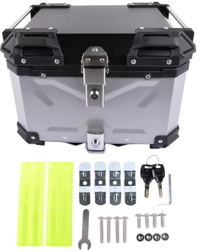 GLOSSY AUTO PARTS Caja Superior para Moto Plateada 45L Universal, Baúl Superior de Aluminio Impermeable para Moto, Maletero Portaequipajes con Doble Llave, Caja Trasera para Almacenar Casco