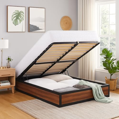 SAMPUR - Lit Coffre Style Industriel et sommier à Lattes | Espace de Stockage XXL | Robuste et Large Angle d’Ouverture (Bois Foncé, 140x190 cm)