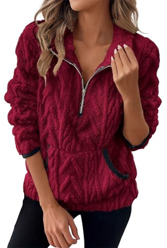 AMDOLE Sweatshirts for Women UK Womens Fleece Jumper 1/4 Zip Up Teddy Fluffy Pullover Sweatshirt Ladies Casual Sweater Cozy Coat Tops Fall Winter Stand Collar Fleece Jacket with Pockets Wine XL