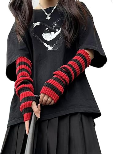 Dakuailo Armstulpen Damen, Y2K Gestrickte Handstulpen, Lange Elastische Armwärmer, Kawaii Fairy Stil (Red)