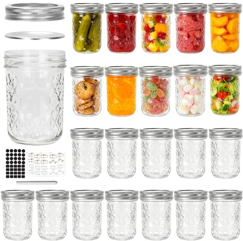 Keketin 8 oz Mason Jars with Airtight Lids and Bands,24 Pack Regular Mouth Canning Jars,240 ml Glass Mason Jar Diamond Jelly Jars for Preserving,Fruits Salad,Jam Storage,Party Favors