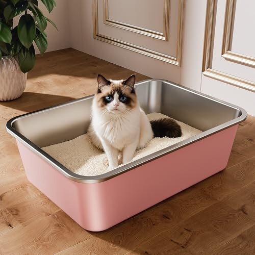 Bac Litiere pour Chat en INOX, Bac à Litière pour Grands Chats, Chatons et Lapins, Caisse Chat Litiere XXL, Litiere Toilette pour Maine Coon, Anti-Adhérent, Anti-Odeurs (Rose, 50 * 35 * 15cm)