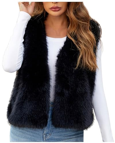 Generisch Gilet en fourrure pour femme - Manteau en fourrure - Veste d'hiver chaude en peluche avec col en V - Couleur unie - Veste de transition décontractée - Gilet en fausse fourrure - Sans manches