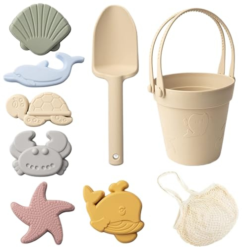 Otbushit Lot de 8 Jouets de Plage en Silicone sûrs pour Enfants, Jouets Sable avec Seau à Pelle et moules à Sable, boîte étanche pour Voyage, été, extérieur, Beige
