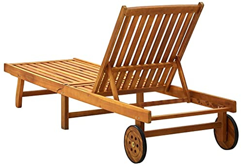 VIHHQGC Lettino da giardino in legno massello di acacia, con supporto, regolabile, con ripiano estraibile e 2 ruote, per balcone, giardino, terrazza, portata massima 110 kg