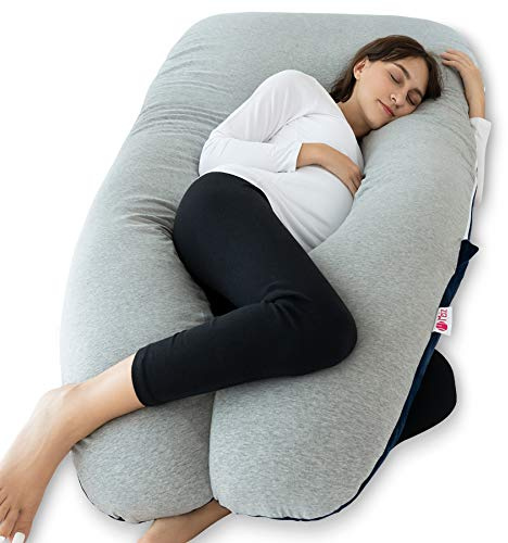 Meiz Pregnancy Pillow, Cooling Pregnancy Pillows for Sleeping, Full Body Pregnancy Pillow with Reversible Cooling Jersey Cover & Velvet Cover, Blue & Grey