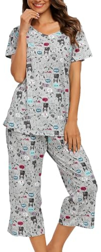 ENJOYNIGHT Pigiama da Donna Corto Set di Pigiama in Cotone Biancheria da Notte Top a Maniche Corte e Pantaloni 3/4 Lunghi Casacca Estiva Abbigliamento da Notte, M