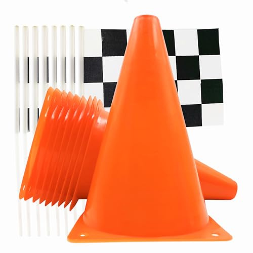 YOELVN Race Car Birthday Party Decorations - 7inch Orange Race Cones(Holes on Top) with Checkered Flags,12 Traffic Cones, 24 Racing Black and White Flags,Racecar Theme Two Fast Centerpieces Supplies(36PCS)