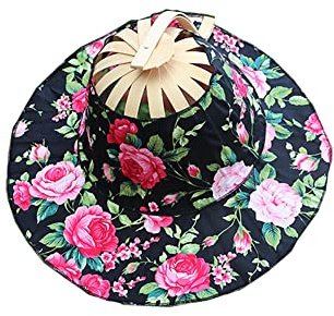Egurs Chapeau de soleil pliable 2 en 1 pour femme et éventail pliable de style chinois portable imprimé floral et casquette de plage d'été bleu marine, Noir et rose.