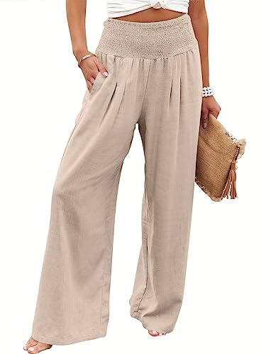 ANRABESS Women Linen Palazzo Pants Summer Boho Wide Leg High Waist Casual Lounge Pant 2026 Beach Travel Vacation Outfits Almond Medium