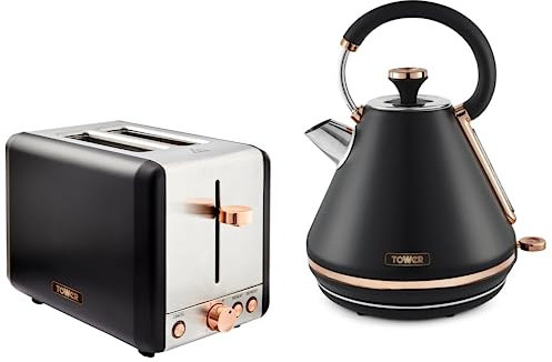 TOWER Cavaletto Black 1.7L 3KW Pyramid Kettle & 2 Slice Toaster. Matching Kettle & 2 Slice Toaster Set in Black & Rose Gold