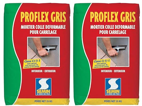 Mortier Colle Déformable pour Carrelage Proflex Gris Semin, Intérieur/Extérieur, sac de 25 kg (lot de 2)