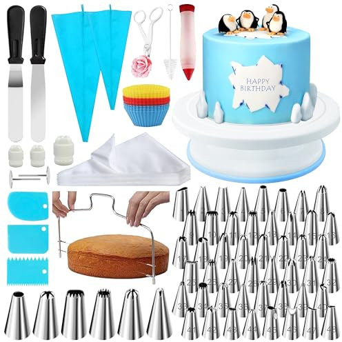 Kit Pasticceria Decorazioni Torte 181 Set di accessori da forno per torte,181, beccucci, piatto girevole per torte,54 beccucci per guarnire, 100 sacchetti da forno (blu, 181 pezzi)” (Blu-181pc)