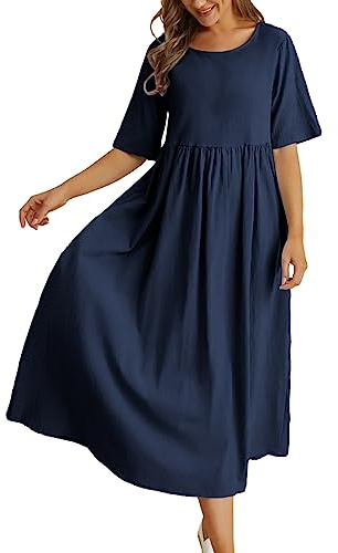 Generico Vestiti Donna Elegante - Abito Longuette in Cotone E Lino con Scollo Rotondo E Manica A Cinque Punte Abito Maxi di Grandi Dimensioni Abiti in Velluto Manica Lunga