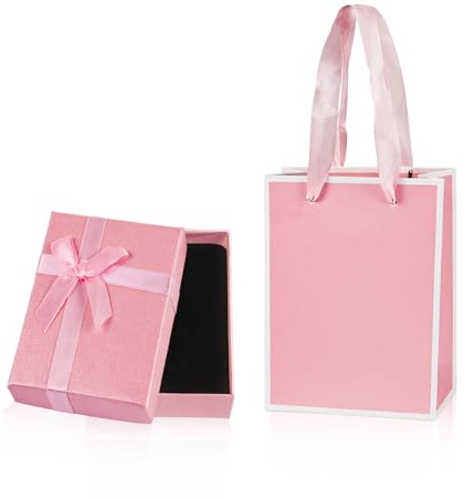Nwvuop Small Gift Box and Bag, 9× 7× 3 cm Jewellery Box With Bow for Necklace, Earring, Bracelet - Women's Gift (Pink)