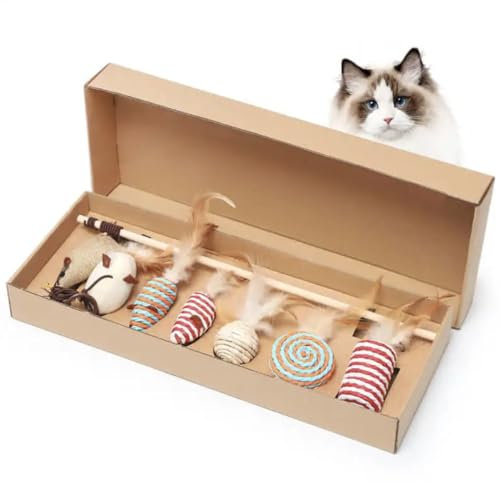 Generisch Katzenspielzeug Set aus Naturmaterialien – 7-teilig mit Bällen, Mäusen, Federn & Holzangel – Interaktiv, Plastikfrei, Nachhaltig – Für Katzen jeden Alters – drinnen wie draußen