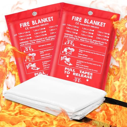AROMUJOY Lot de 2 Couvertures Anti-feu Ignifuge pour Maison Cuisine, 100x100cm Couverture d'incendie, Couverture de Secours de Fibre de Verre DIN en 1869:2019 pour Camping Caravane Gril