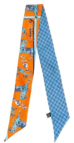 JERLA Écharpe 100% soie de mûrier pour sac à main, cravate, ruban pour cheveux pour femmes et hommes, Bleu équestre et orange, 33.5×1.97