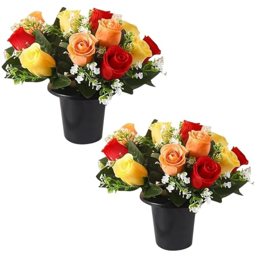 2 Pack Grave Artificial Flowers, 12 Heads Silk Rose Memorial Flowers