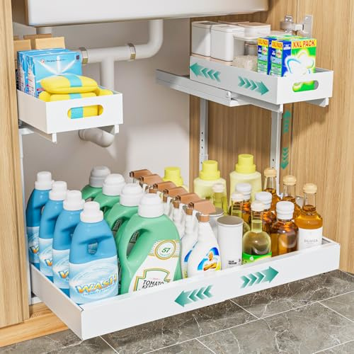 HG PLVTII Rangement Sous Évier Réglable – Étagère Coulissante à Double Tiroir, Largeur et Hauteur Ajustables, Glissières à Billes Renforcées pour Cuisine et Salle de Bain (1 Pièce, Blanc)
