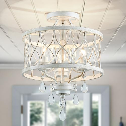 WUZUPS lámpara 3-luz vintage granja industrial Semi-Flush montaje lámpara de techo luminaria para vestíbulo dormitorio pasillo habitación de almacenamiento, H 40,6 x W 32,5, E14 Base, blanco antiguo